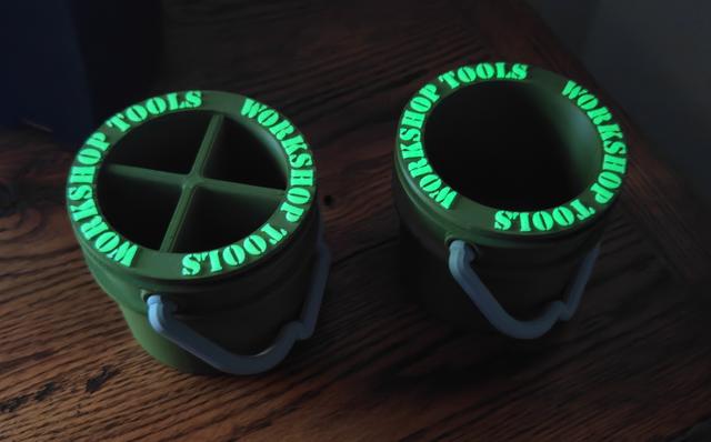 Stylized Workshop Tools bucket with self-emissive text. 3D model thumbnail