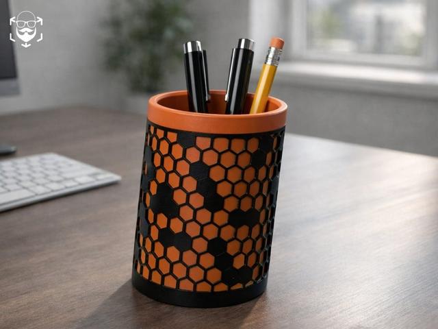 Tilted Honeycomb Pen Holder – Dual‑Color 3D Print 3D model thumbnail