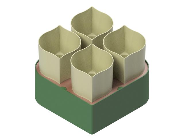 Self-Watering 4-Cup Seed Starter Planter — Support-Free 3-Piece STL Set 3D model thumbnail