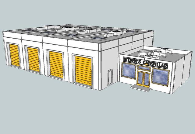 HO Scale Caterpillar Dealership with operating rollup doors. Stalls are modules so you can have as many or few as you like. 3D model thumbnail