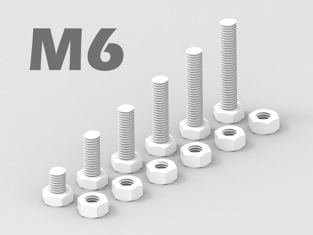 M6 Bolt and Nut - 6 variations / Tolerance Test / 3D model thumbnail