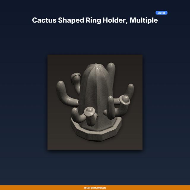 Cactus Shaped Ring Holder, Multiple Arms For Rings, Cute Succulent Design - STL File for 3D Printing 3D model thumbnail