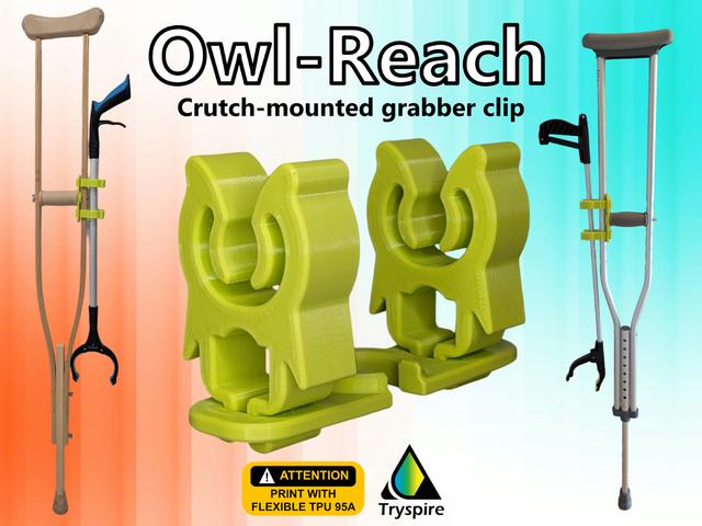 Owl-Reach (Crutch‑mounted grabber clip) 3D model thumbnail