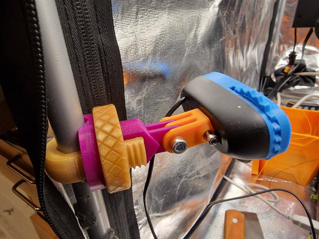 Pipe mount for tent enclosure framework with GoPro fitting (and with LG C270 camera extension) 3D model thumbnail
