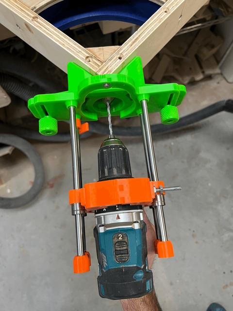 Portable drill press with large base and optional right angle corner jig. 3D model thumbnail