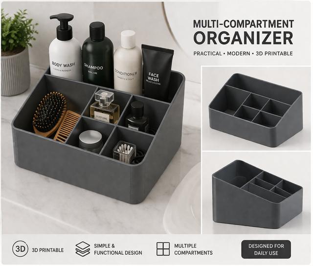 Multi-Compartment Bathroom Organizer | 3D Printable Storage Box (220x150x120 mm) 3D model thumbnail
