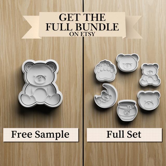 Free Sample of 6 Teddy Bear Cookie Cutter STL Set, 6 Bear Designs, 3D Print File 3D model thumbnail