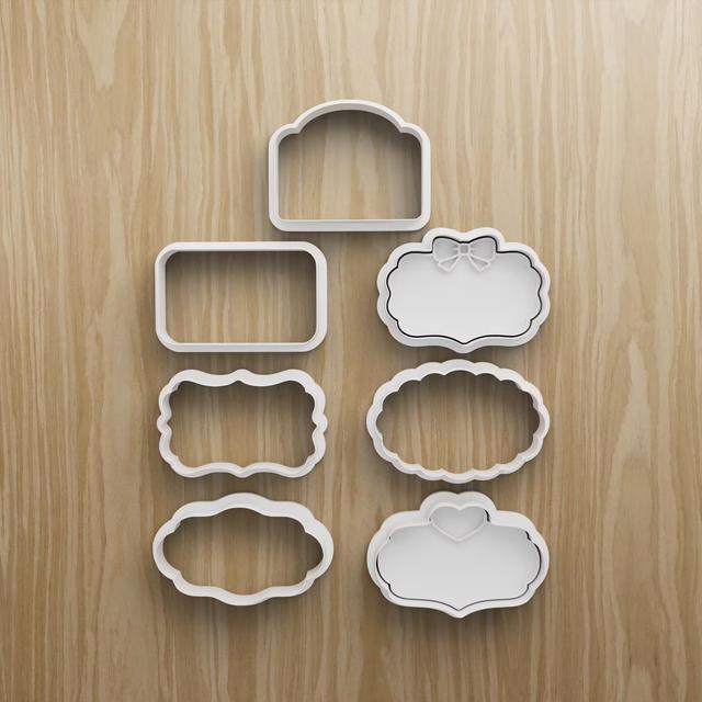 7 Plaque Cookie Cutter STL Set, Label Frames with Bow and Heart Accents 3D model thumbnail