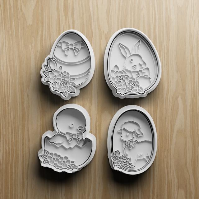 4 Easter Egg Cookie Cutter Set, STL Digital File, Bunny Chick Lamb Floral Designs 3D model thumbnail