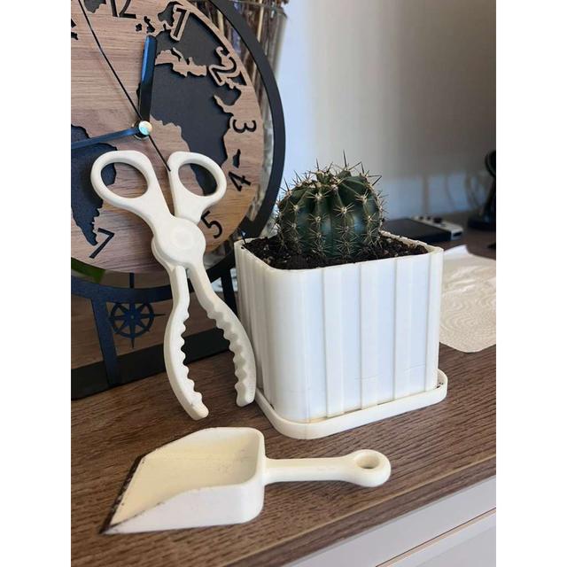 Cactus Care Set – Planter Pot + Print-in-Place Cactus Tongs 3D model thumbnail