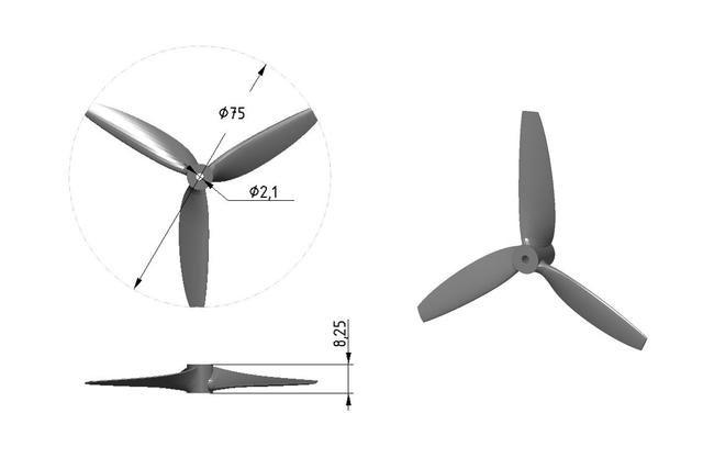 Propeller with ⌀75mm for a shaft ⌀2mm 3D model thumbnail