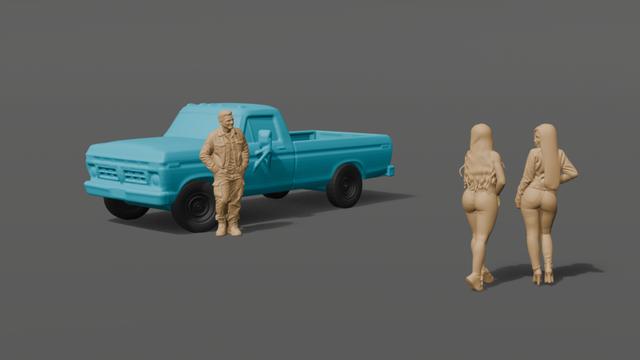  Ford F350 model with driver and two female figures for MICRO DIORAMA - scale 1:700 3D model thumbnail