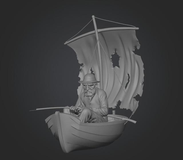 Old fisherman in a boat with a tattered sail 3D model thumbnail