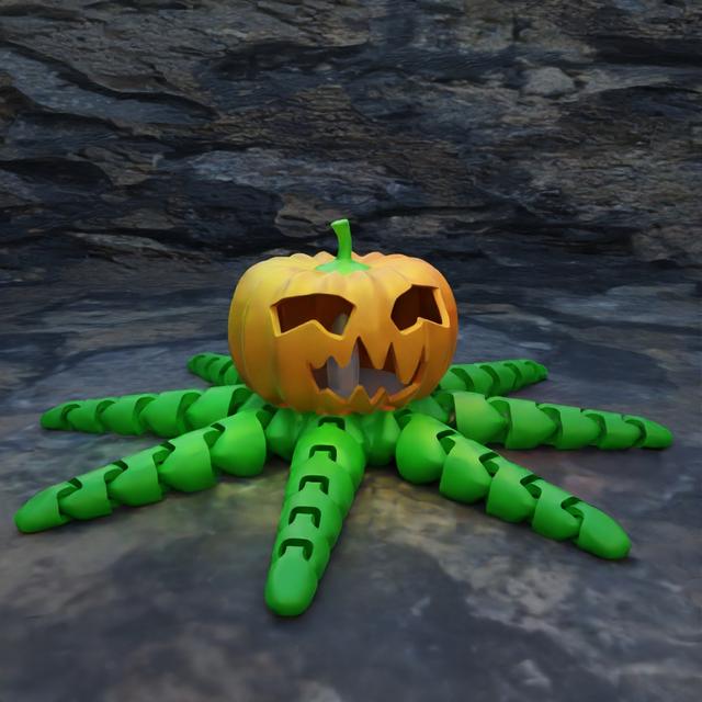 Cute Articulated Flexi Octopumpkin - for LED tealight! 3D model thumbnail