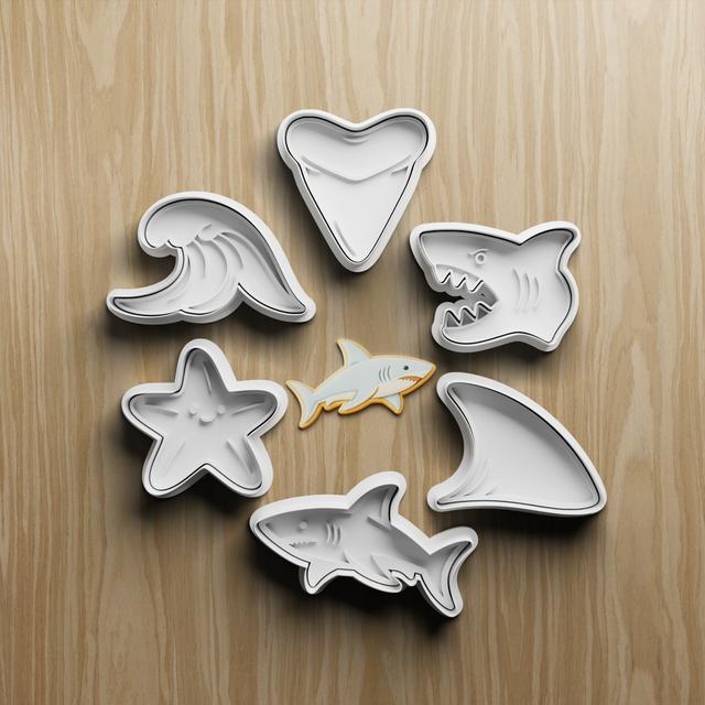6 Shark Cookie Cutter STL Set, Ocean Shapes, Wave, Starfish, Fin 3D model thumbnail