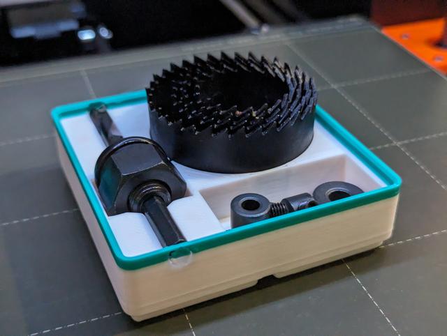 Gridfinity Hole Saw Holder Plus Catch Bin 3D model thumbnail